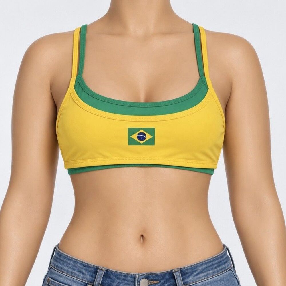 Brazil Flag Layered Top Size M Green Yellow Double Strap Swimwear Style